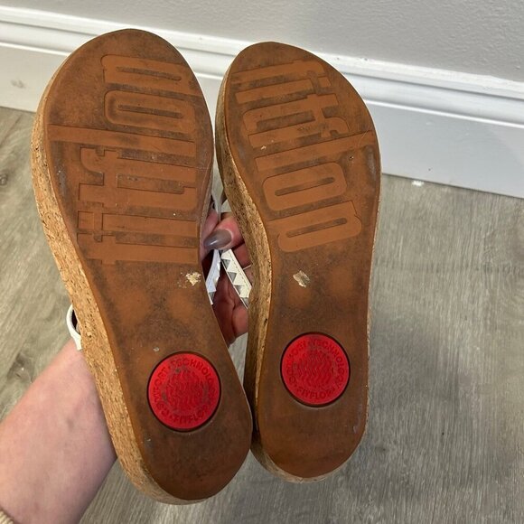 Fitflop Linny Zig Zag Toe Post Cork Wedge Sandals Flip Flop White Tan Size 10 - Picture 5 of 6